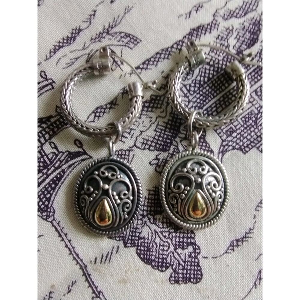 Suarti Bali Sterling Silver 925 Hoop & 18K Gold Filigree Dangling Charm Earrings